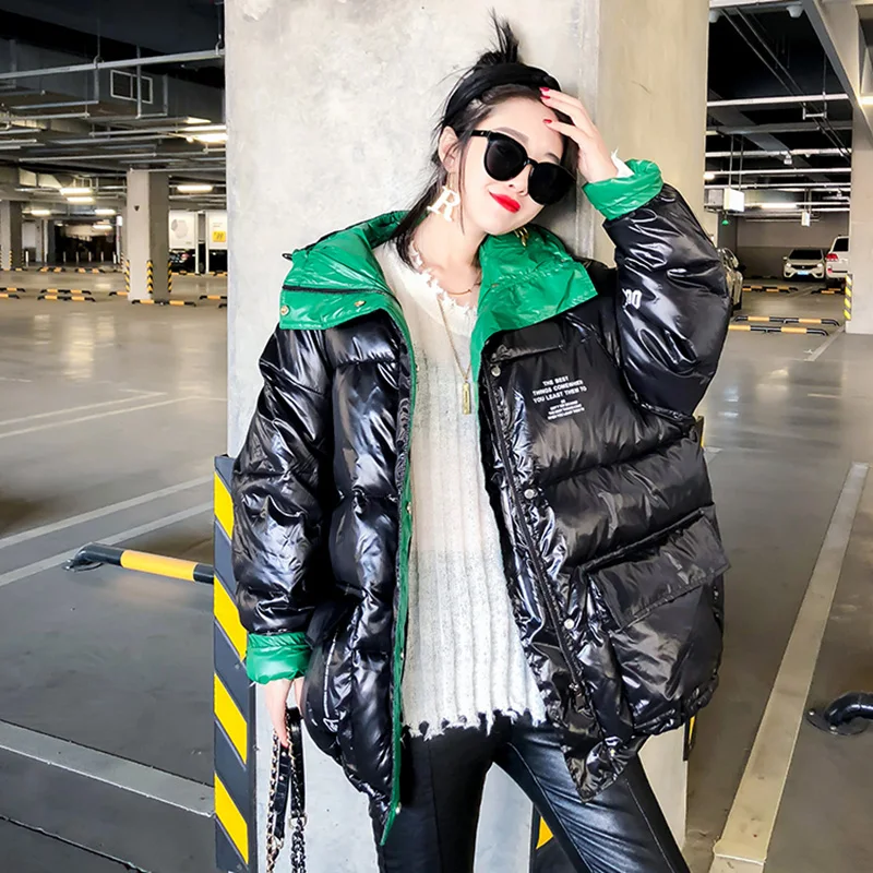 Глянцевая зимняя стеганая куртка для женщин Harajuku Большие Лоскутные пальто средней длины куртка с буквенным принтом свободные парки с капюшоном