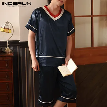 

INCERUN Summer Men Pajamas Sets 2020 Patchwork Soft Short Sleeve V Neck Sleepwear Shorts Homewear Breathable Mens Nightwear Suit
