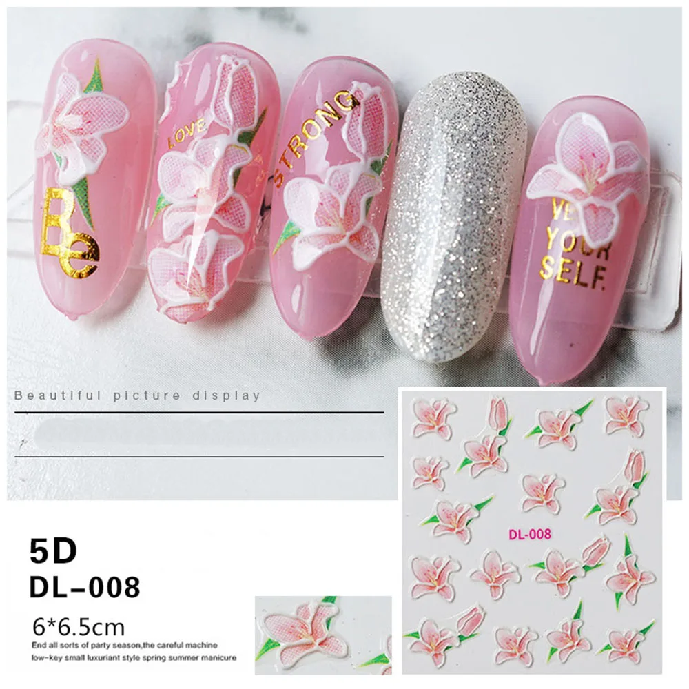 1 шт 5D акриловые Выгравированные натуральные Цветочные наклейки на ногти бабочки Водные Наклейки для ногтей модные эмпаистические Слайдеры для ногтей DIY Дизайн ногтей Декор - Цвет: 8