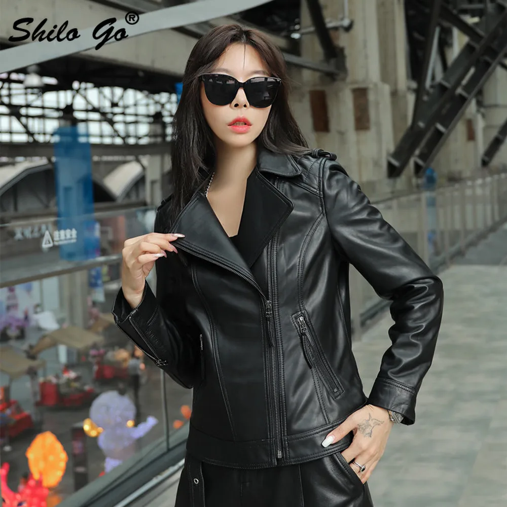 Genuine Leather Jacket Highstreet Black Notched Neck Moto Solid Zip Sheepskin Coat Women Casual Office Lady Slim Fit Outwear