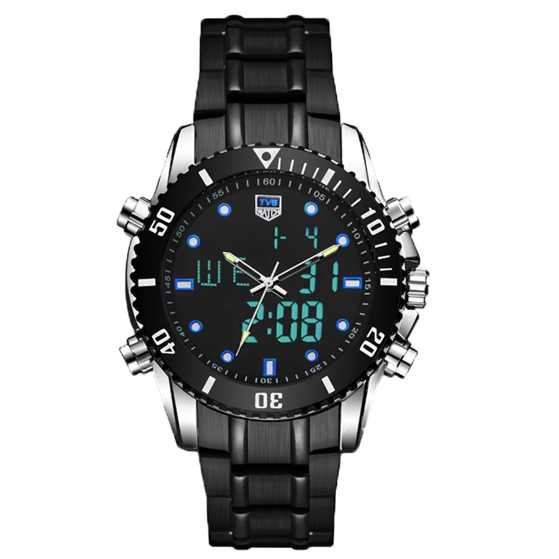 TVG мужские часы Топ бренд класса люкс модные высококачественные полностью стальные водонепроницаемые спортивные часы светодиодный цифровые часы для мужчин relogio masculino - Цвет: Синий