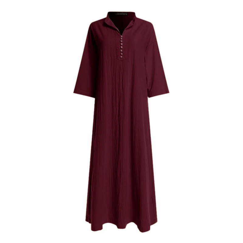 ZANZEA, женское длинное платье, лето, для девушек, макси, Vestidos, элегантные, хлопок, одноцветные, вечерние, пляжный сарафан, свободные карманы, халат размера плюс - Цвет: Wine Red