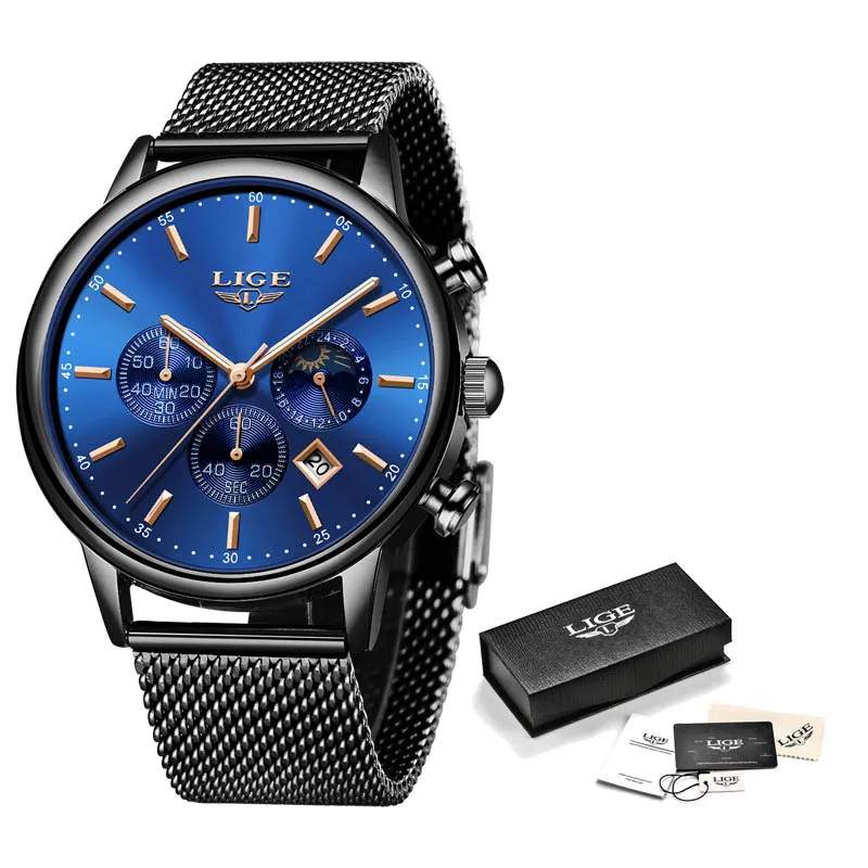 black blue LIGE, новинка, мужские часы, модные, Топ бренд, Роскошные, нержавеющая сталь, синие, кварцевые часы, мужские, повседневные, спортивные, водонепроницаемые часы, Relojes - Цвет: black blue