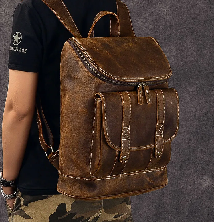 Кожаный мужской рюкзак Crazy Horse ручной работы, винтажный школьный рюкзак из натуральной кожи, мужской деловой рюкзак для ноутбука