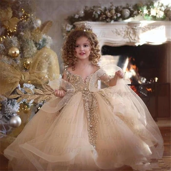 

New Champagne Puffy Lace Flower Girl Dress for Weddings Long Sleeves Ball Gown Girl Party Communion Pageant Gown Vestidos