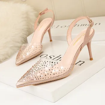 

Simple fashion PVC pointed shallow mouth high-heeled shoes transparent rhinestone fashion sandals fine heel hollow women's shoes