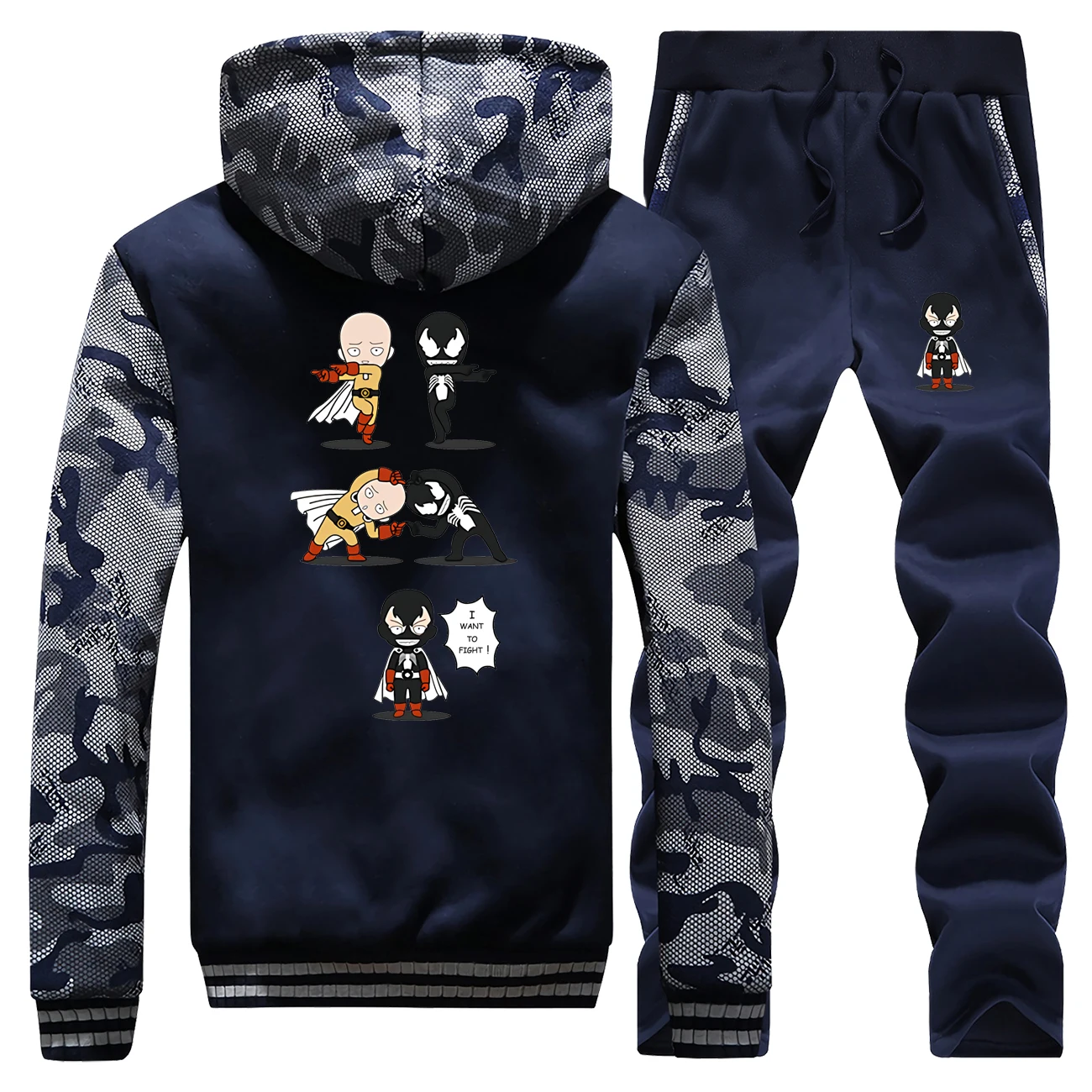 Забавный флисовый комплект Venom& One Punch Man, японские аниме камуфляжные Мужские штаны, толстовка Harajuku, теплая уличная одежда, новые модные куртки
