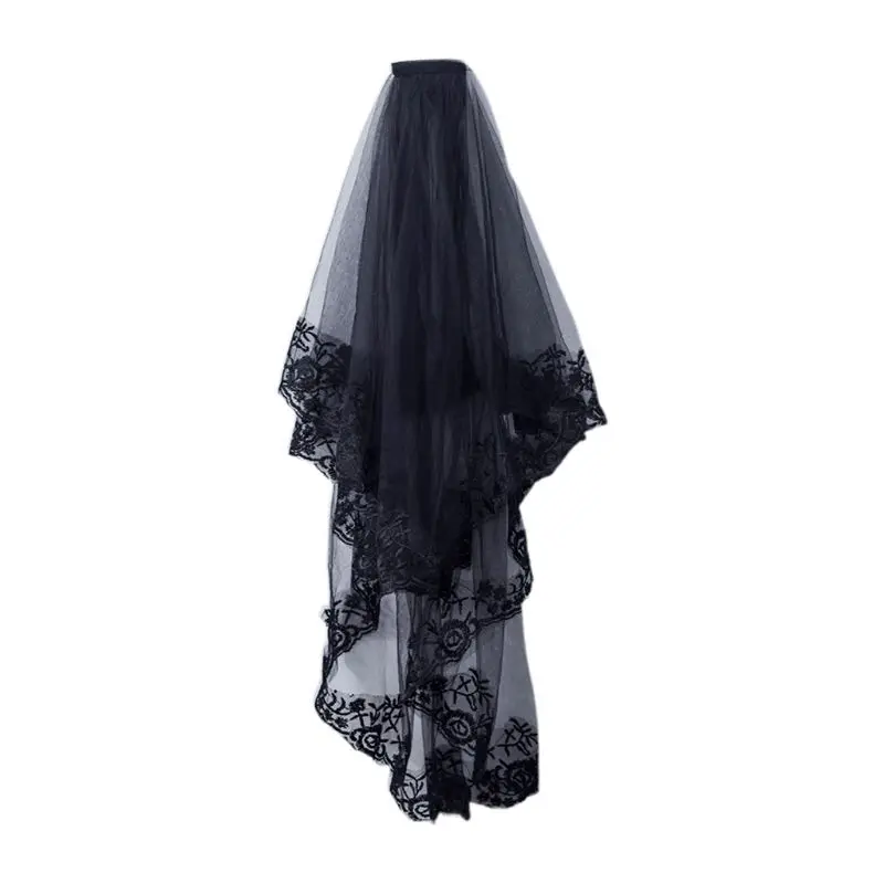 2-х уровневые Для женщин Хэллоуин Косплэй костюм черный Мантилья свадебная вуаль из кружева с цветочным узором и вышивкой, отвесный тюль, свадебные аксессуары для волос с Com
