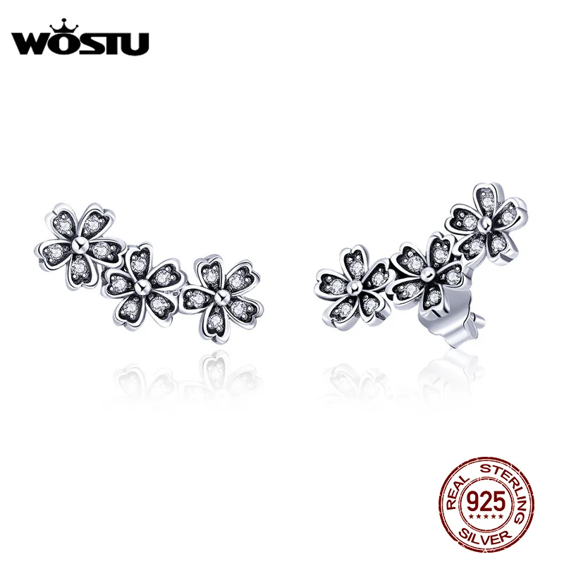 

WOSTU Authentic 925 Sterling Silver Stackable Daisy Floral Stud Earrings Clear CZ Flower Woman Earring Party Jewelry Gift CQE419