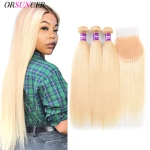 ORSUNCER Honey Blonde Bundles With Closure Wholesale Straight Brazilian Remy Human Hair 613 Bundles With Closure Free Shipping
