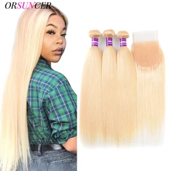 ORSUNCER Honey Blonde Bundles With Closure Wholesale Straight Brazilian Remy Human Hair 613 Bundles With Closure Free Shipping