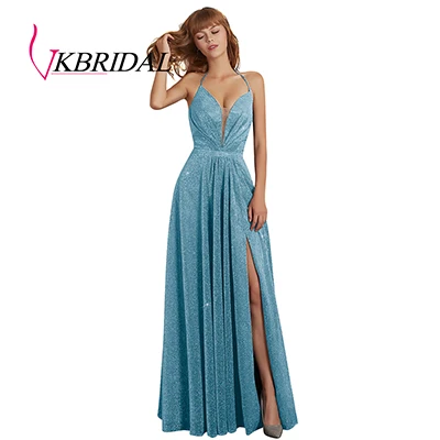 Sky Blue VKBRIDAL сексуальное длинное платье для выпускного вечера с лямкой на шее, новинка, блестящая ткань, вечернее платье с лямками на спине - Цвет: Sky Blue