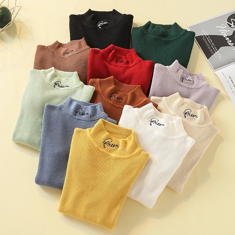 

Letter Turtleneck Women Sweater Autumn Winter Pullover High Elasticity Knitted Soft Embroidery Sweater Femme Thick Warm Top