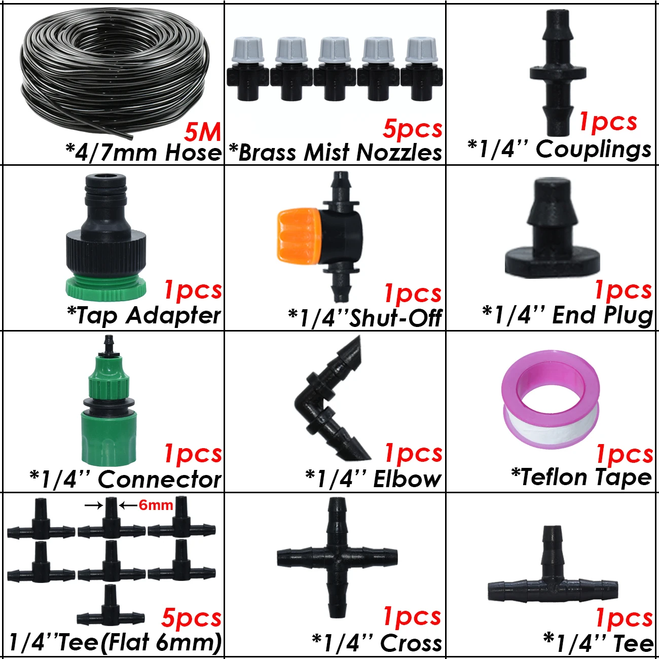 SPRYCLE 5-50m Greenhouse Garden 1/4" Hose Automatic Micro Watering Kit Drip Irrigation System Adjustable Brass Atomizing Nozzle