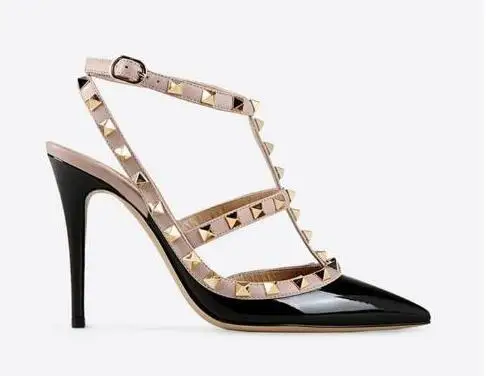 

Hot Sale-Designer Pointed Toe 2-Strap with Studs high heels Patent Leather rivets Sandals Women Shoes valentine 10cm high heel