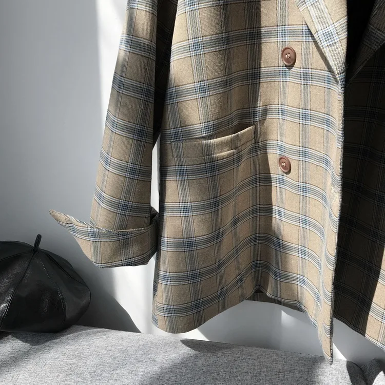 Retro Fashion Lattice Lapel Long Suit Loose Coat Woman Autumn Tops Blazer Jacket