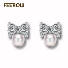 FEEHOW уникальные серьги-гвоздики с бантом, имитация жемчуга, трендовые ювелирные изделия с микро инкрустацией кристаллами для девочек, нежный подарок на день рождения FWEP129