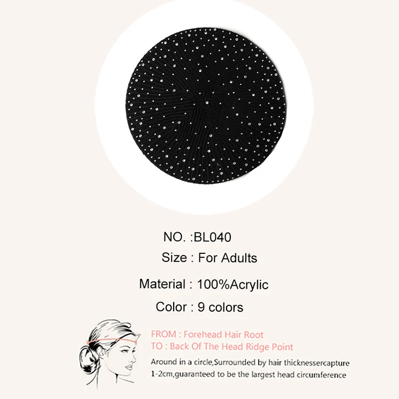 Beret hat woolen beret Geebro Women autumn winter beret hat female knitted casual berets luxury rhinestone sequins caps fashion solid color Gorros