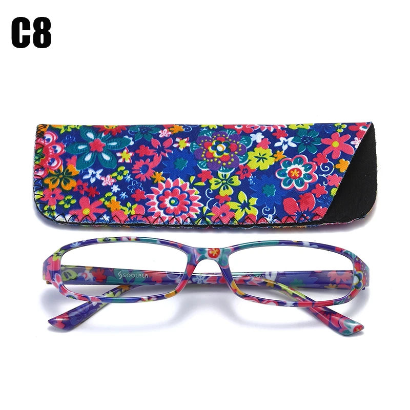 SOOLALA очки для чтения с принтом и подходящим мешочком, прямоугольные очки для дальнозоркости с пружинным шарниром+ 1,0 1,5 1,75 до 4,0 - Цвет оправы: C8