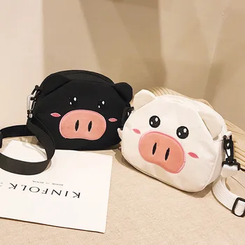 

Women Bags Canvas 2020 Cute New Embroidery Student Cartoon Piggy bags Funny Fashion One-shoulder Bag Messenger Bag