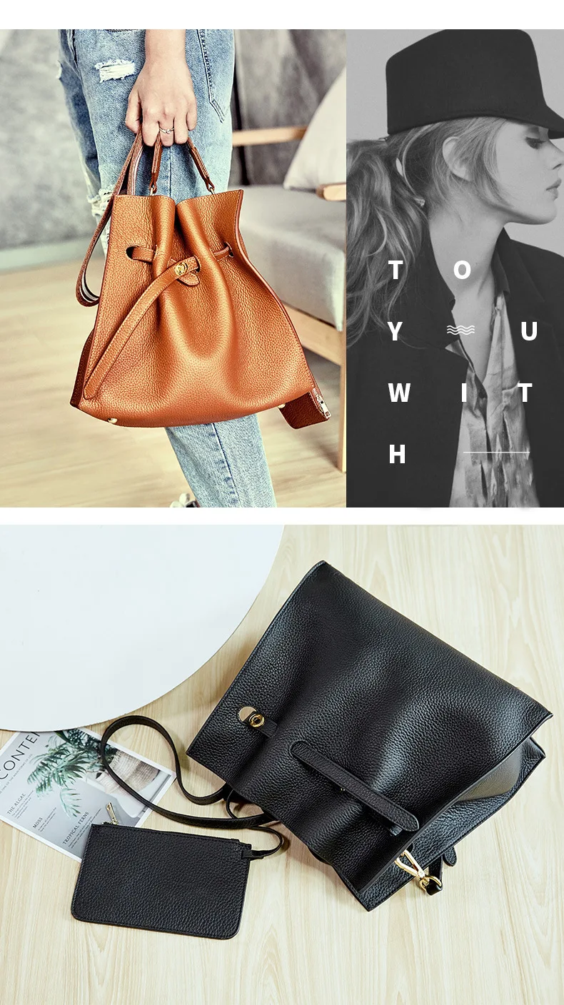 Brand Design Real Cow Leather Ladies HandBags and Purse Women Genuine Leather Composites Bags High Quality Wide Strap Bucket Bag