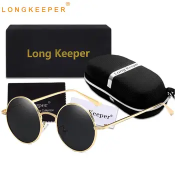 

LongKeeper Retro Classic Round Sunglasses Men Brand Designer Sun Glasses Women Metal Frame Black Lens Driving Eyewear With Case