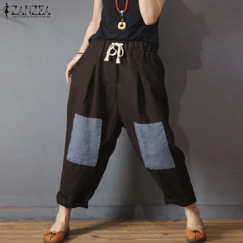 

2019 New ZANZEA Women Wide Leg Pants Drawstring Casual Loose Pockets Patchwork Color Streetwear Sweatpants Plus Size Trousers