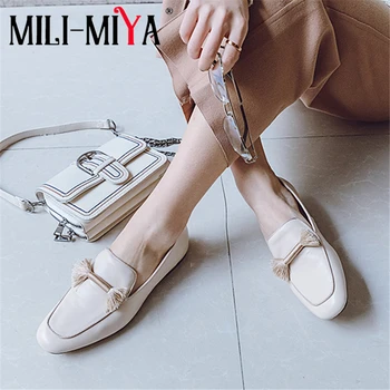 

MILI-MIYA Women Flats Full Genuine Leather Slip-On Square Toe Square Heels Solid Color Fringe Spring/Autumn casual For Ladies