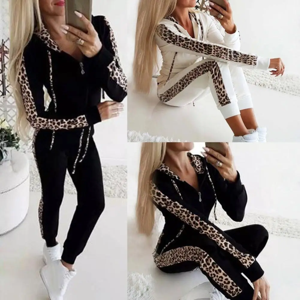 

2019 Autumn Winter Fashion Tracksuit Women Splice Fleece Leopard Print Coat with Hood Two Pieces Set Hoodies Long Pants Suit