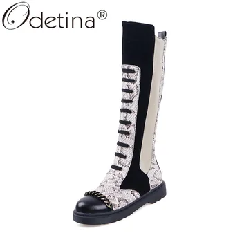 

Odetina Women Chunky Cuban Low Heel Tall Boots Chain Zip Up Winter Autumn Platform Patchwork Comfort Knee High Boot Plus Size 43