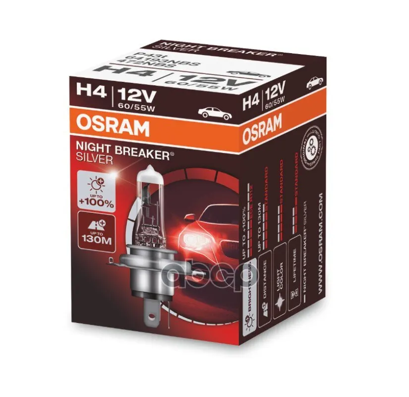 Лампа H4 12v 60/55w P43t Night Breaker Silver +100% Больше Света 1 Шт. Osram арт. 64193NBS | Автомобили и