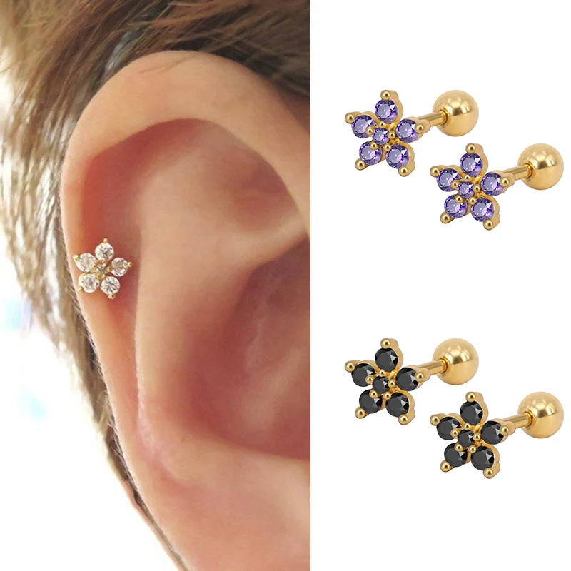 Women’s Fashion Stainless Steel Minimal Stud Earrings Round Zircon Stone Stud Small Cartilage Ear Piercing Jewelry