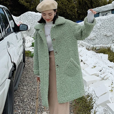 Толстые плюшевые шерстяные куртки женские однобортные пальто из искусственной овечьей шерсти женские зимние пальто из искусственного меха одноцветные Длинные куртки - Цвет: Green