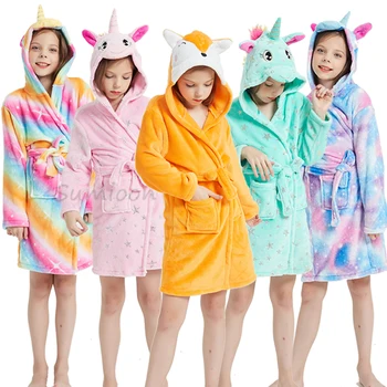 Kigurumi Children Bathrobe Baby Bath Robe Animal Rainbow Unicorn Hooded Bathrobes For Boys Girl Pyjamas Nightgown Kids Sleepwear 2