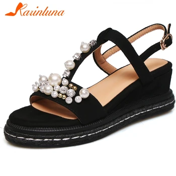 

Karinluna New Arrivals Basic Cow Leather Wedge Heels Summer Sandals Woman Shoes Buckle Strap Metal Decoration Shoes Women