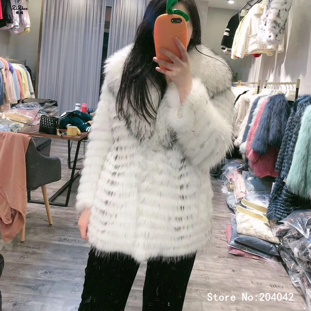 ZiZhen Overcoat Real Raccoon Dog Fur With Big Turn-down Collar Fur Strip Sewed Toghter Woman Real Fur Coat 190923-1