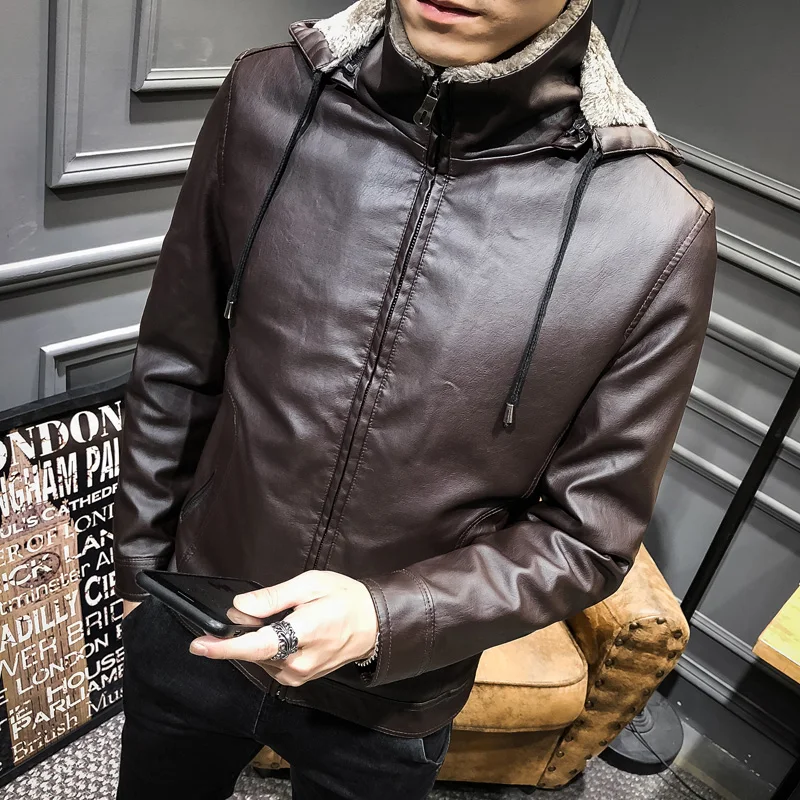 Abrigo de cuero para hombre de invierno estilo coreano ajustado talla grande de piel cepilada y gruesa con capucha casual