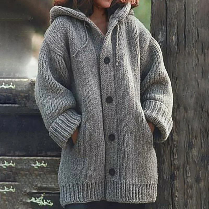 Свободное вязаное пальто однобортный Повседневный свитер верхняя одежда женские кардиганы с карманами свитер с капюшоном и вырезом