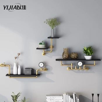 

LOFT Industrial style creative water pipe kitchen shelf wrought iron wall hanging wood display rack Wall decoration book shelf