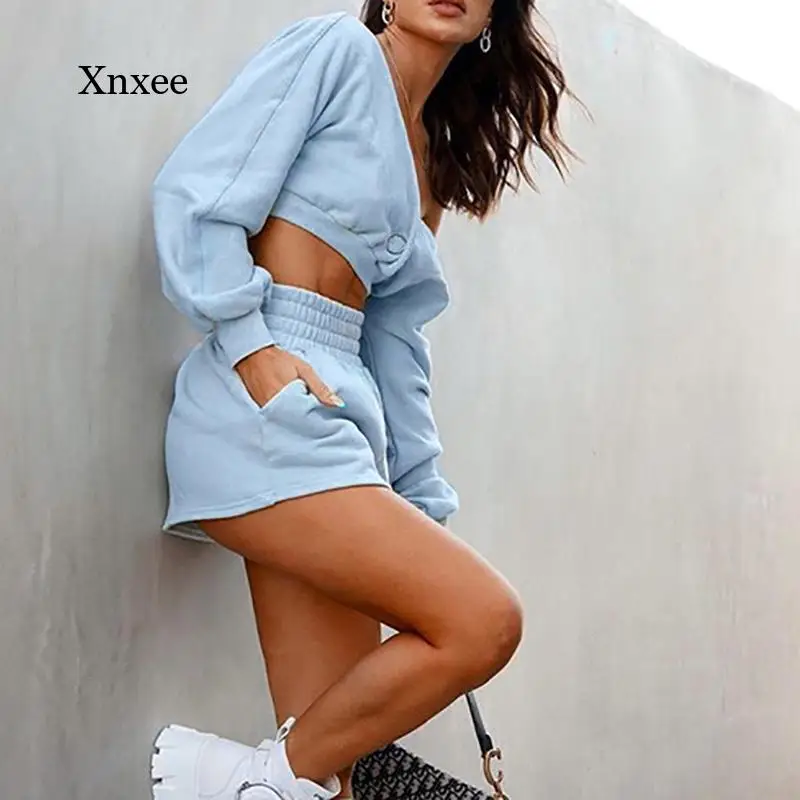 

Summer Solid Color V-Neck Halter Top Shorts Stretch Suit Button Streetwear Basic Matching Suit Female Two-Piece Suit