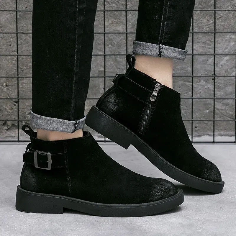 ERRFC Hot Selling Mens Motorcycle Boots Fashion Brtitish Aged Man Black Short Ankle Boots Back Buckle Strap Leather Leisure Shoe - Цвет: as photo