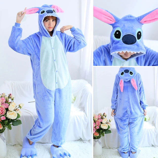 Women Unicorn Totoro Panda Onesies Unisex Winter Men Bear Onesies Kids Nightwear Anime Cosplay Costume Flannel Sleepwear Pajamas Blue Stitch