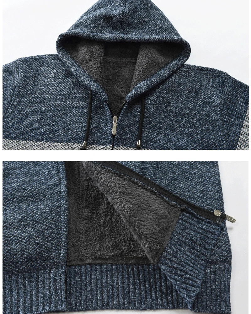 Мужской зимний толстый флисовый свитер, теплый кашемировый шерстяной кардиган с капюшоном, одежда, Полосатое флисовое пальто на молнии, размер M-3XL