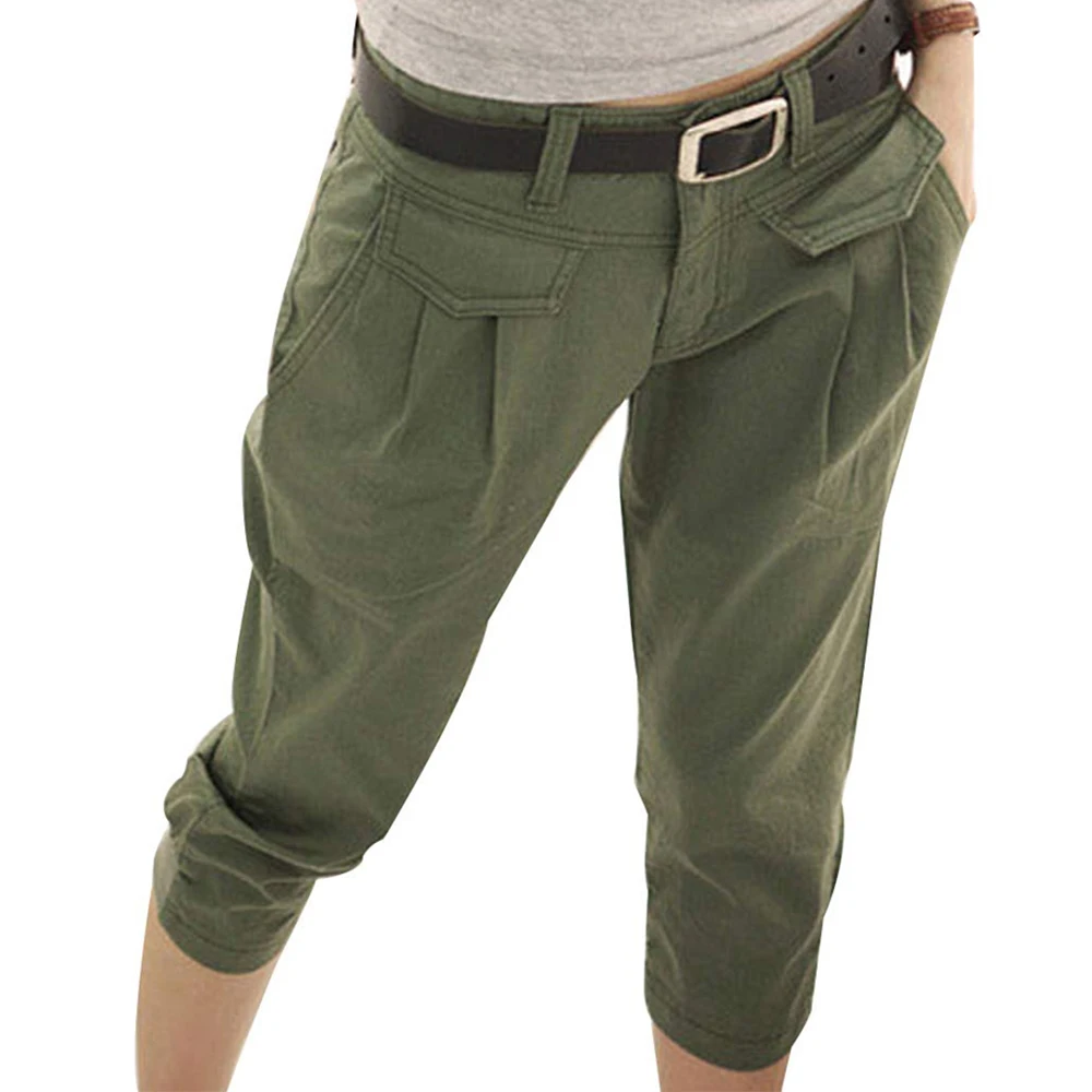 Army green 2 LOOZYKIT женские модные хлопковые льняные Короткие штаны капри повседневные свободные однотонные женские штаны с эластичной резинкой на талии размера плюс - Цвет: Army green 2