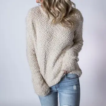 

Casual Women Solid Color Fuzzy High Neck Long Sleeve Sweater Loose Pullover Warm Outdoor Windproof Streetwear Top For Women