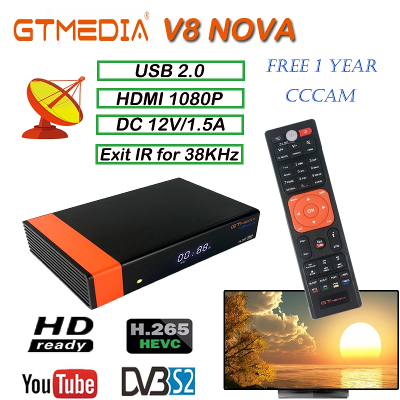 

Gt V8 Nova golden Satellite receiver 1080P H.265 DVB S2 freesat v8 receiver 1 year Spain Europe cccam gt media nova v8 tv box