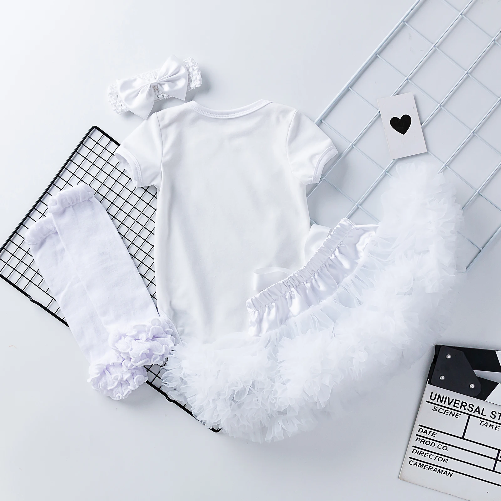 

4PCS Newborn Baby Girl Casual Costume Romper Skirt Socks Headband White Outifit
