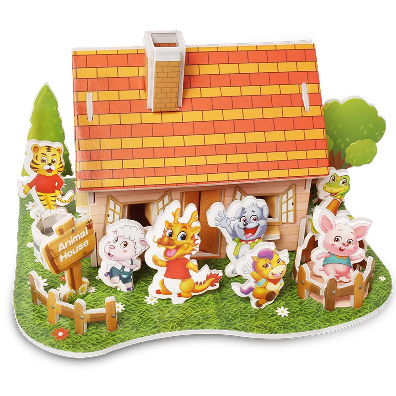 

3D Wooden Puzzle Paper Toys Mini House Landscape Hand Drawn Puzzles Animal Home Building Model Education Gift for Children Kids