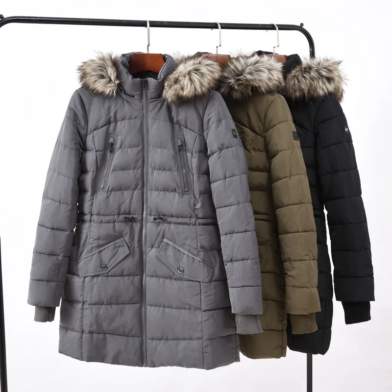 Три цвета женская одежда зимний ветрозащитный Теплый с капюшоном длинный тонкий Повседневная парка пальто черный серый