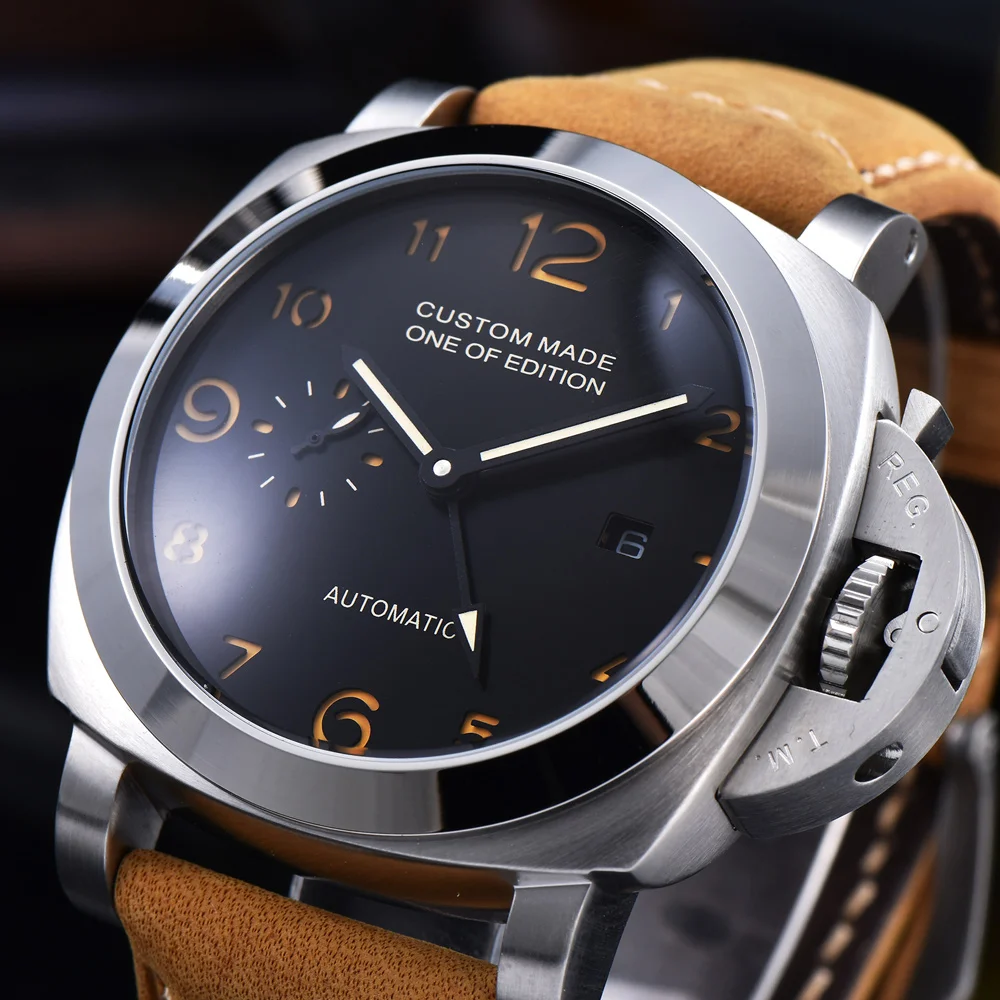 

44mm Automatic Mechanical Watch Men GMT Wrist Leather Strap Luxury Luminous Waterproof Military Men Watch Calendar Clock